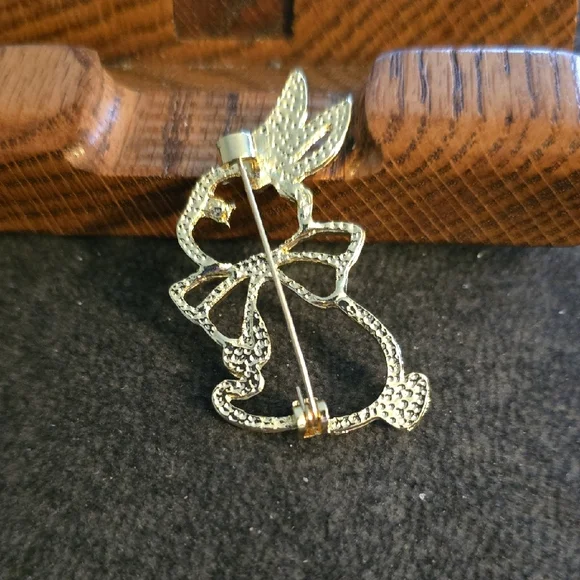 Gold Crystal Bunny Brooch with Bow - Picture 2 of 2